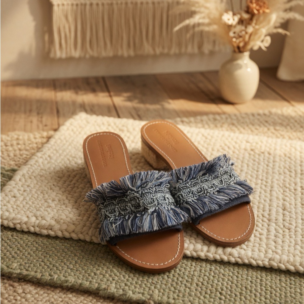 Soludos X Anthropologie Woman’s Blue Denim Fringe City Slides Sandals 7.5